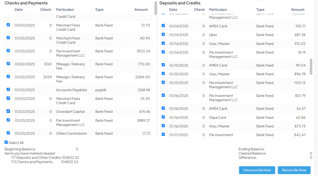 QuickQore dashboard showing real-time bank reconciliation with automatic transaction matching